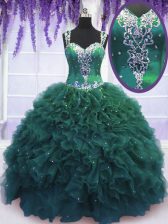  Straps Beading and Ruffles Vestidos de Quinceanera Dark Green Zipper Sleeveless Floor Length