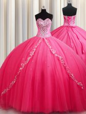 Gorgeous Sweetheart Sleeveless Quinceanera Dresses Brush Train Beading Hot Pink Tulle