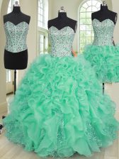  Three Piece Turquoise Ball Gowns Organza Sweetheart Sleeveless Beading and Ruffles Floor Length Lace Up Ball Gown Prom Dress