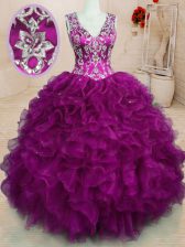  Sleeveless Backless Floor Length Beading and Embroidery and Ruffles Sweet 16 Quinceanera Dress
