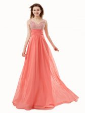 Hot Selling Watermelon Red Sleeveless Floor Length Beading Side Zipper Dress for Prom