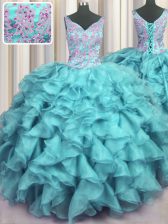Noble Ruffled V Neck Sleeveless Lace Up Floor Length Appliques and Ruffles 15 Quinceanera Dress