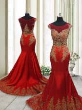  Mermaid Scoop Cap Sleeves Sweep Train Side Zipper Prom Evening Gown Wine Red Elastic Woven Satin