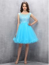 Dazzling Tulle Scoop Sleeveless Zipper Beading and Appliques Prom Party Dress in Blue