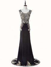 Cute Mermaid Scoop Sleeveless Chiffon Prom Dress Beading and Appliques Brush Train Zipper