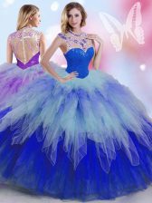  High-neck Sleeveless Tulle Quinceanera Dress Beading and Ruffles Zipper