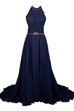 Pretty Lace Navy Blue Halter Top Zipper Beading Sleeveless