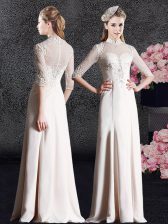 Fashion Floor Length Champagne Evening Dress Satin Half Sleeves Lace