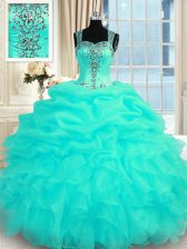 Vintage Beading and Ruffles Sweet 16 Dress Turquoise Zipper Sleeveless Floor Length