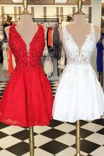 Elegant Lace Sleeveless Knee Length Homecoming Dress and Lace