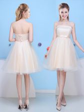 Traditional Tulle Sleeveless Knee Length Quinceanera Dama Dress and Bowknot