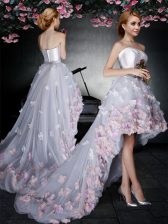  Sleeveless Zipper High Low Appliques Prom Dresses