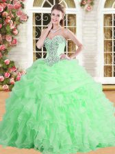Traditional Sweetheart Sleeveless Tulle Quinceanera Gowns Appliques and Ruffles and Pick Ups Lace Up