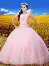  Baby Pink Tulle Lace Up Scoop Sleeveless Floor Length Quinceanera Dresses Beading and Lace and Embroidery