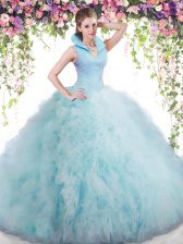  Ball Gowns Ball Gown Prom Dress Baby Blue High-neck Tulle Sleeveless Floor Length Backless