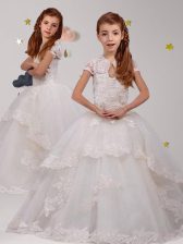  Scoop Short Sleeves Brush Train Lace Backless Flower Girl Dress
