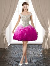 Customized Off the Shoulder Mini Length Backless Prom Evening Gown Fuchsia for Prom and Party with Beading and Ruffles