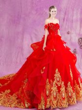  With Train Red Quinceanera Gowns Off The Shoulder Sleeveless Court Train Lace Up
