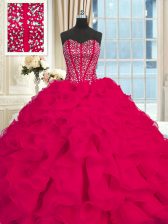  Sleeveless Organza Brush Train Lace Up Quinceanera Dresses in Red with Beading and Ruffles