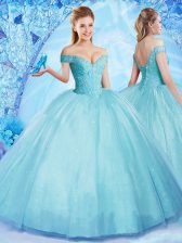 Custom Fit Off The Shoulder Sleeveless Lace Up Sweet 16 Dresses Aqua Blue Tulle