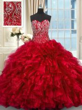 Chic Sweetheart Sleeveless Brush Train Lace Up Ball Gown Prom Dress Red Organza
