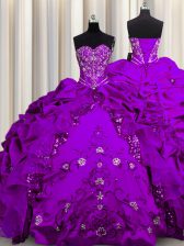 Vintage Sequins Sweetheart Sleeveless Quinceanera Gown Floor Length Beading and Embroidery and Ruffles Purple Taffeta