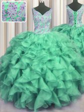 Hot Sale Turquoise V-neck Neckline Beading and Ruffles 15 Quinceanera Dress Sleeveless Lace Up