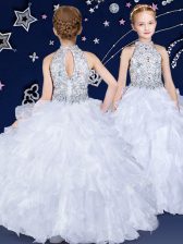  White Halter Top Neckline Beading and Ruffles Little Girls Pageant Dress Sleeveless Zipper
