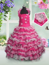 Perfect Ruffled Hot Pink Sleeveless Organza Lace Up Kids Formal Wear for Party and Wedding Party