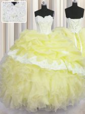 Excellent Light Yellow Sweetheart Lace Up Beading and Appliques and Ruffles and Pick Ups Sweet 16 Dresses Sleeveless