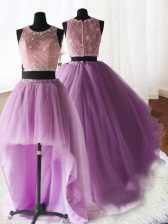 Cheap Three Piece Scoop Organza and Tulle and Lace Sleeveless With Train Sweet 16 Quinceanera Dress Brush Train and Beading and Lace and Ruffles