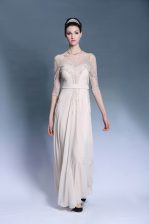  Champagne Bateau Neckline Beading and Pleated Evening Dress Short Sleeves Zipper