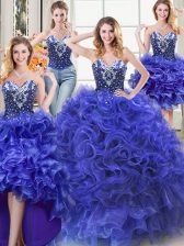 Beautiful Four Piece Sleeveless Organza Floor Length Lace Up Quinceanera Dress in Royal Blue with Beading and Ruffles