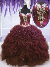  Straps Burgundy Sleeveless Floor Length Beading and Ruffles Zipper Vestidos de Quinceanera