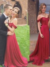  Burgundy A-line Off The Shoulder Sleeveless Chiffon Floor Length Zipper Ruching Evening Dress