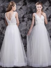 Fine Floor Length White Homecoming Dress Tulle Sleeveless Beading and Appliques