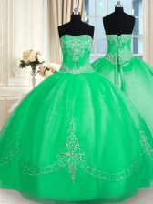 Stunning Green Tulle Lace Up Strapless Sleeveless Floor Length Quinceanera Dress Beading and Embroidery