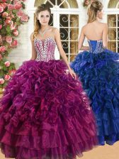 Organza Sweetheart Sleeveless Lace Up Beading and Ruffles and Ruffled Layers 15th Birthday Dress in Burgundy