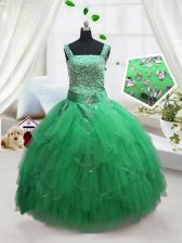  Sleeveless Floor Length Beading and Ruffles Lace Up Pageant Gowns For Girls with Turquoise