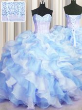 High Class Two Tone Visible Boning Blue And White Organza Lace Up 15 Quinceanera Dress Sleeveless Floor Length Beading and Ruffles