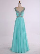 Stylish Aqua Blue Sleeveless Beading Floor Length Homecoming Dress