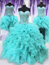New Style Four Piece Aqua Blue Ball Gowns Organza Sweetheart Sleeveless Ruffles and Sequins Floor Length Lace Up Quinceanera Dress