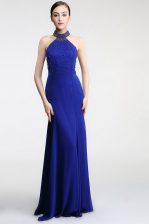 Superior Royal Blue Zipper High-neck Lace Prom Evening Gown Satin Sleeveless Sweep Train