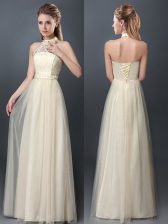 Latest Champagne Halter Top Neckline Lace and Appliques Quinceanera Court Dresses Sleeveless Lace Up