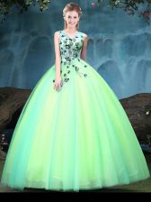  Multi-color Ball Gowns Tulle V-neck Sleeveless Appliques Floor Length Lace Up Ball Gown Prom Dress