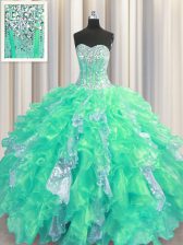 Hot Sale Organza and Sequined Sweetheart Sleeveless Lace Up Beading and Ruffles and Sequins Quinceanera Dresses in Turquoise