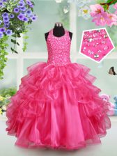 Super Halter Top Sleeveless Pageant Gowns For Girls Floor Length Beading and Ruffled Layers Hot Pink Organza