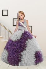 Fashion White And Purple Ball Gowns Fabric With Rolling Flowers Halter Top Sleeveless Beading and Ruffles Floor Length Lace Up Little Girls Pageant Dress