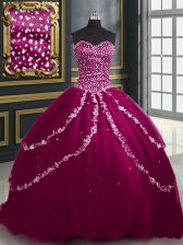 Custom Design With Train Burgundy and Fuchsia Sweet 16 Dresses Sweetheart Sleeveless Brush Train Lace Up