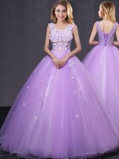  Lavender Sleeveless Lace and Appliques Floor Length Quince Ball Gowns